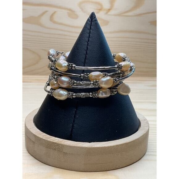 Pink Pearl and Silver Memory Wire Bracelet - Picture 3 of 5